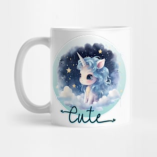 Cute Baby Unicorn on Clouds and Starry Sky Watercolor Illustration Mug